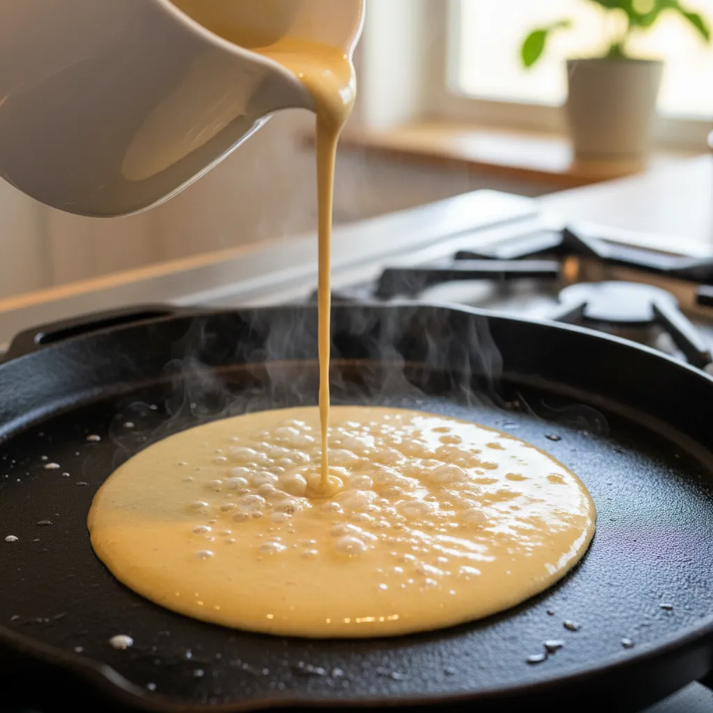 Close up of pancake batter bubbling on a griddle