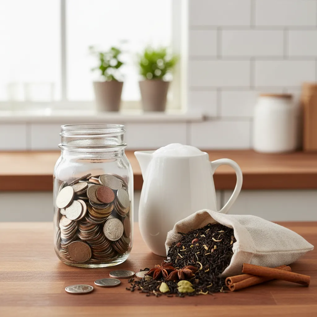 Savings jar next to homemade chai ingredients showing budget benefits