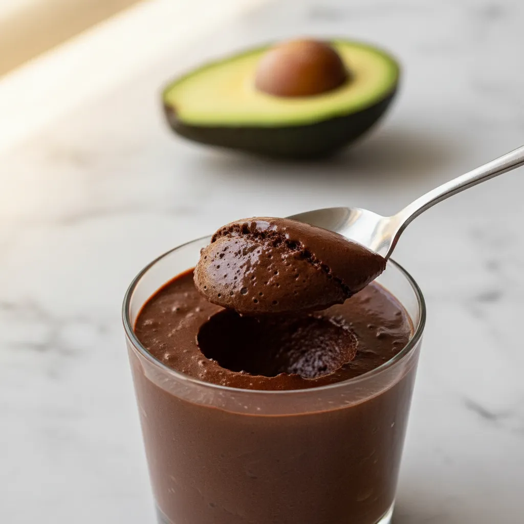 Dark chocolate avocado mousse in a glass cup with a silver spoon