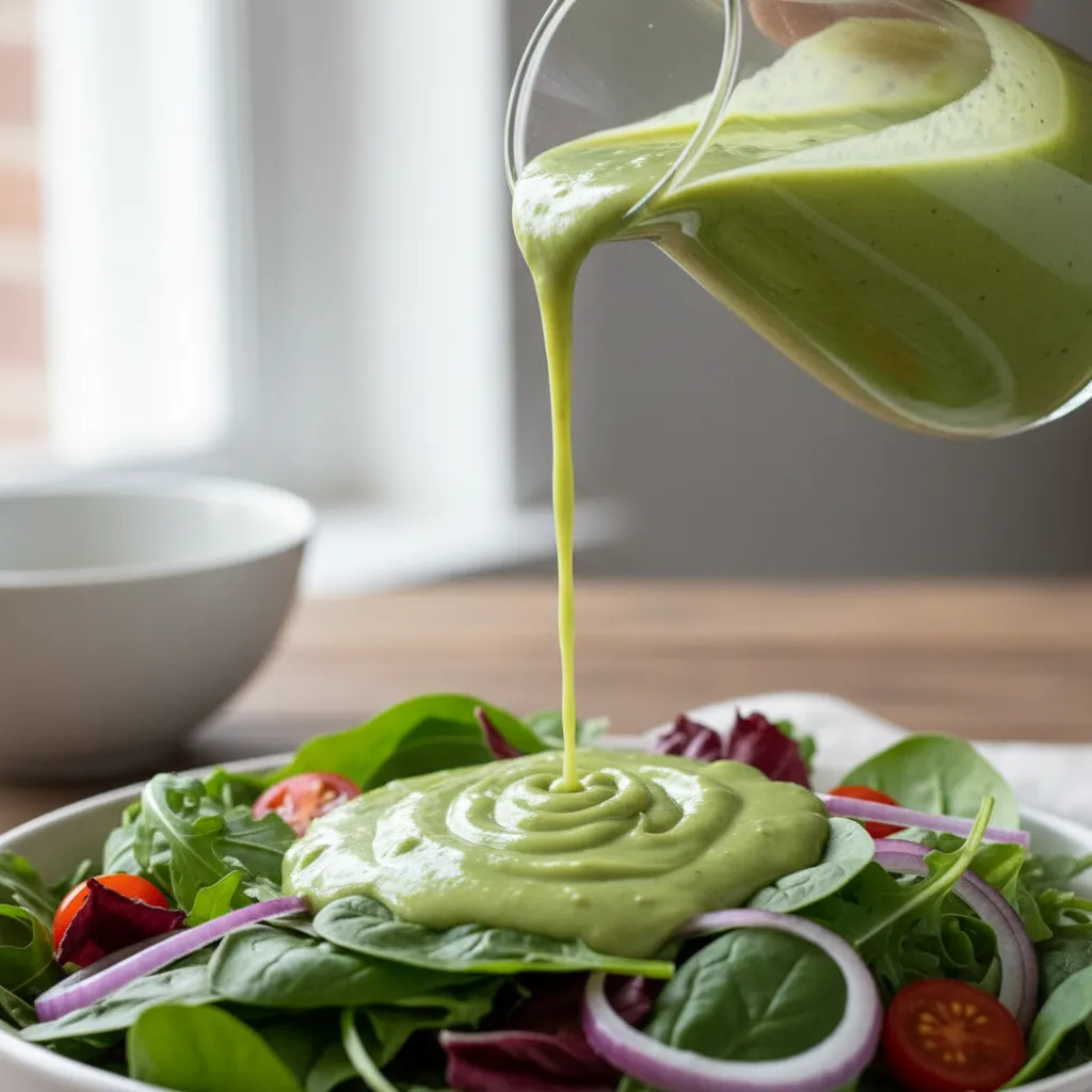 Pouring creamy avocado dressing made from overripe avocados onto a fresh green salad