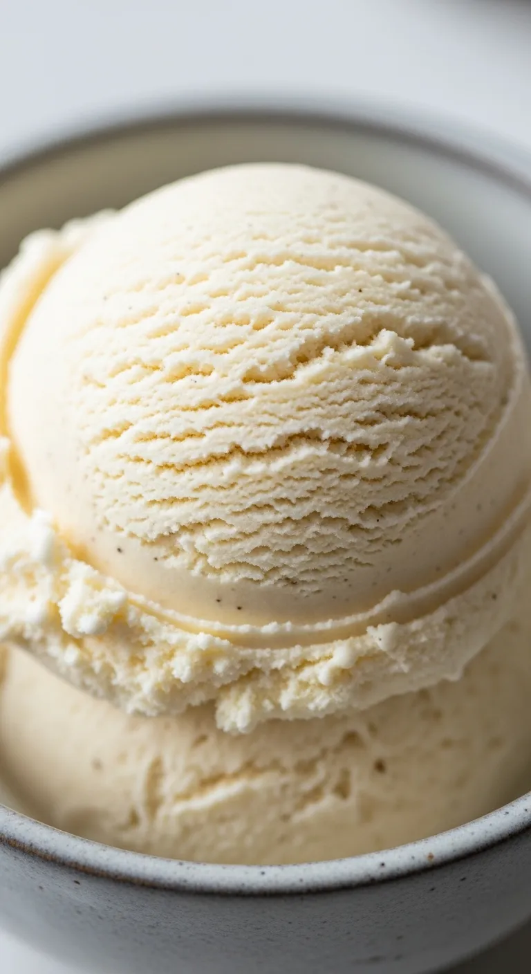 Close up of homemade no churn vanilla ice cream scoop in a bowl