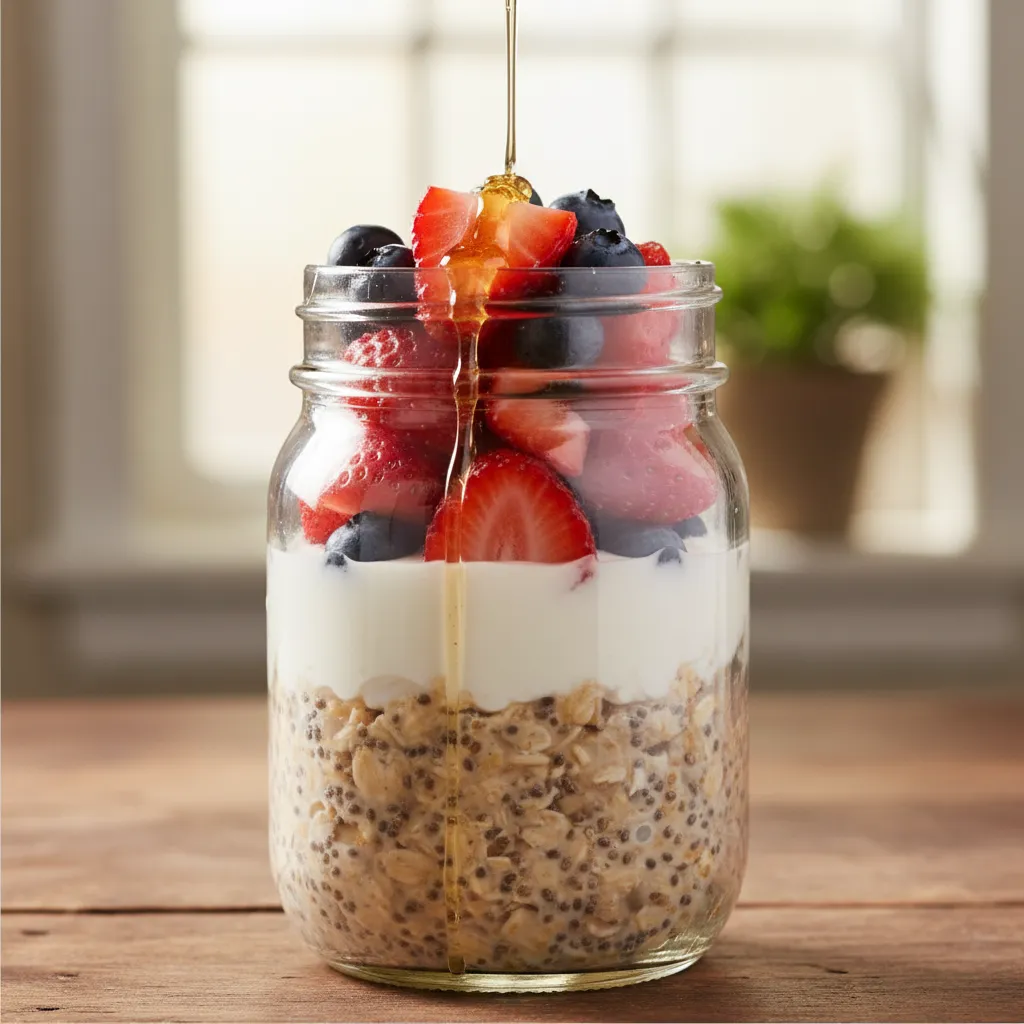 Glass jar of overnight oats with Greek yogurt and fresh berries on a wooden table