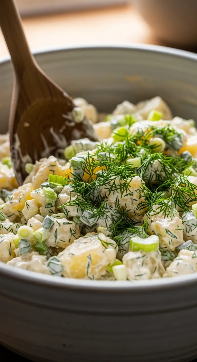 Mixing creamy potato salad with fresh dill and pickle dressing