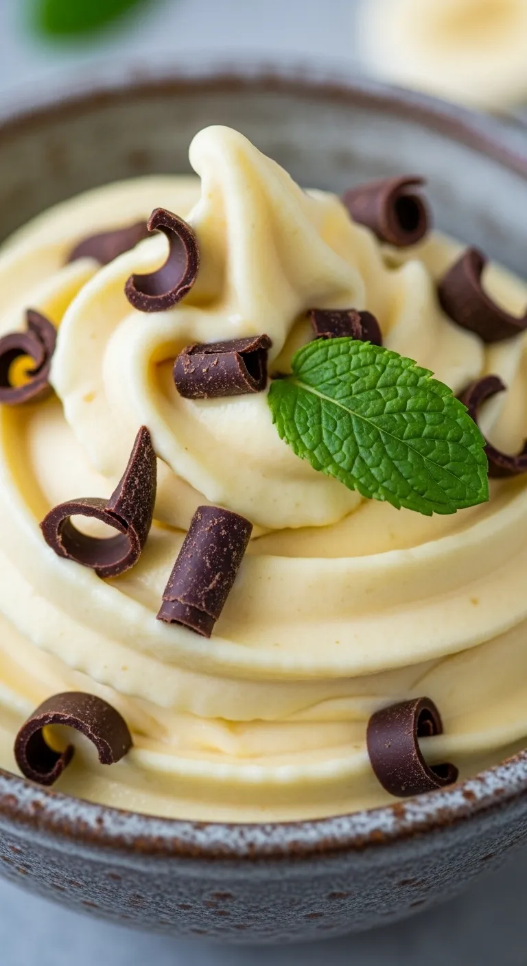 Bowl of homemade vegan banana nice cream topped with chocolate shavings