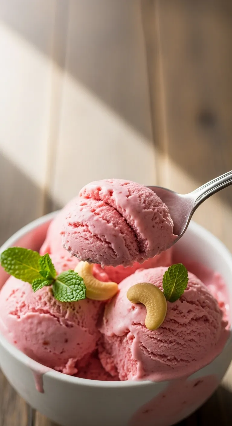 Close up of dairy-free strawberry cashew ice cream with a creamy soft texture on a spoon
