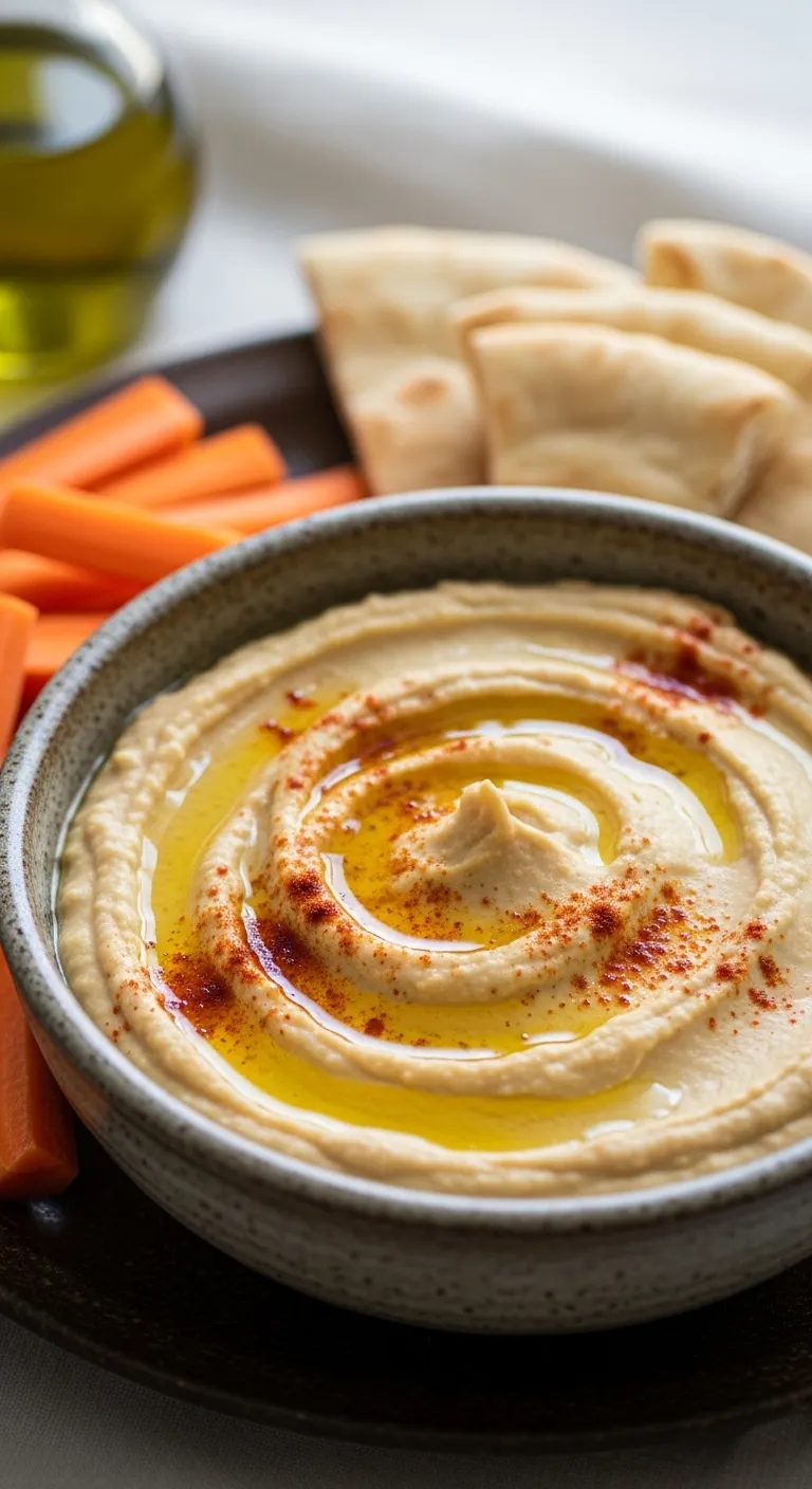 Creamy white bean hummus with hidden cauliflower served in a rustic bowl with olive oil garnish