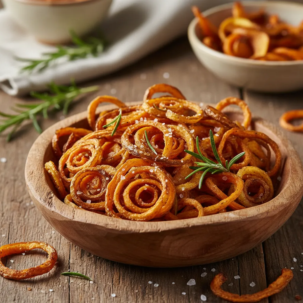 Bowl of homemade crispy baked potato and carrot peel snacks seasoned with herbs
