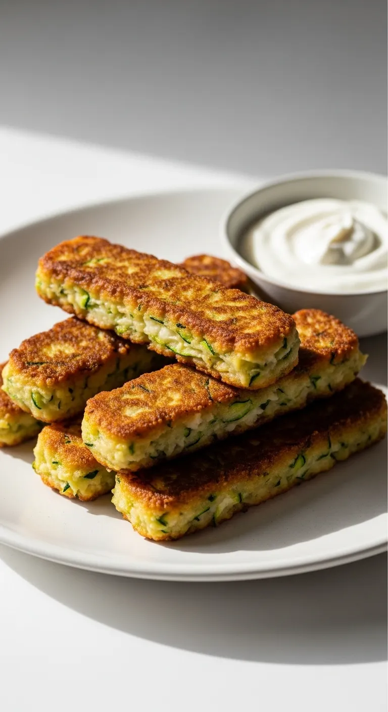 Golden brown chickpea and zucchini fritter sticks serving on a plate