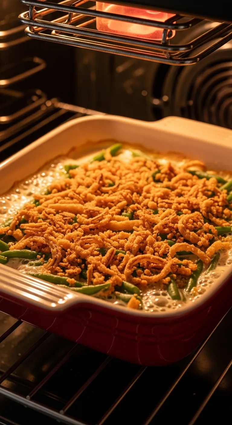 Green bean casserole in a baking dish browning under an oven broiler element