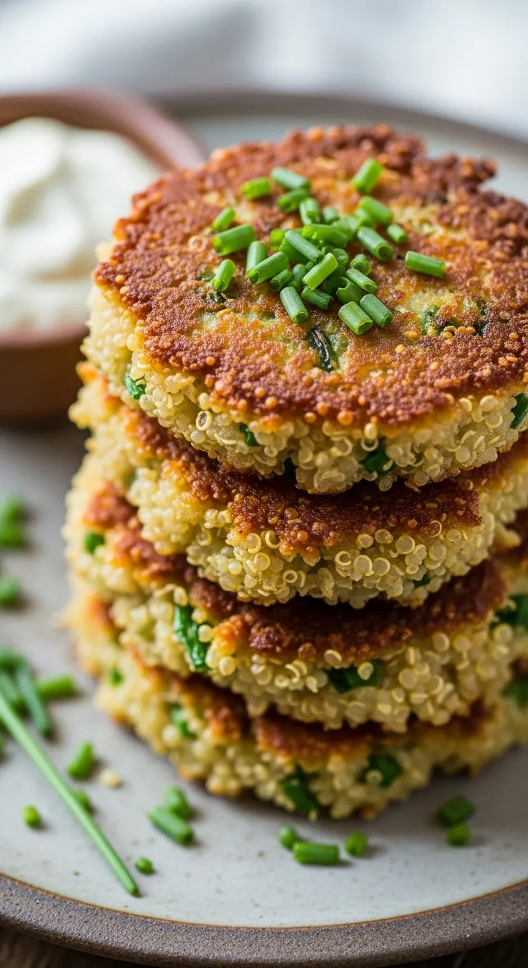 Stack of golden fried quinoa fritters garnished with chives on a plate