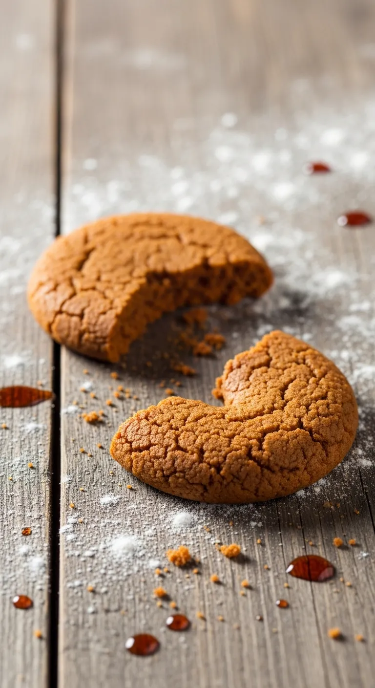 Close up comparing the texture of a crispy gingerbread cookie versus a soft chewy gingerbread cookie on a floured surface