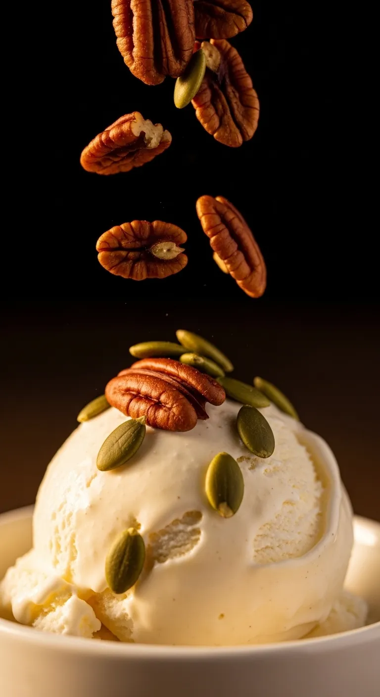 Roasted pecans and seeds sprinkled on vanilla ice cream