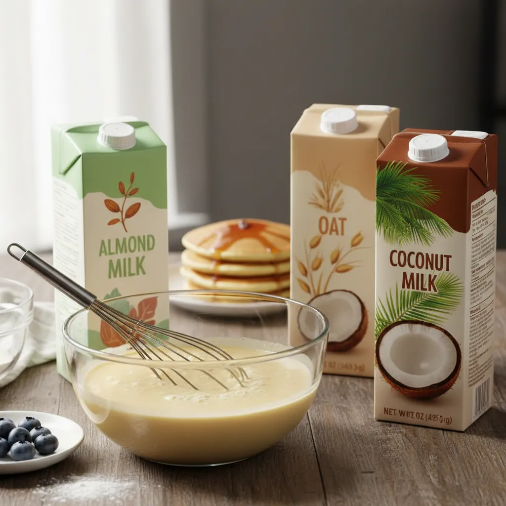 Cartons of almond, oat, and soy milk next to a mixing bowl