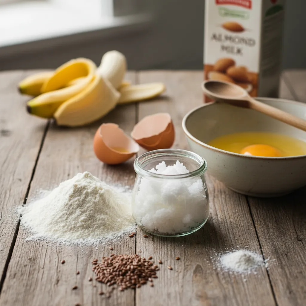 Dry and wet ingredients for dairy-free pancakes laid out on a kitchen counter
