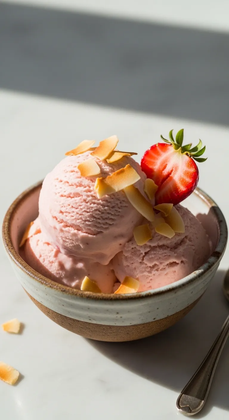 Scoop of dairy-free strawberry coconut ice cream with toasted coconut garnish