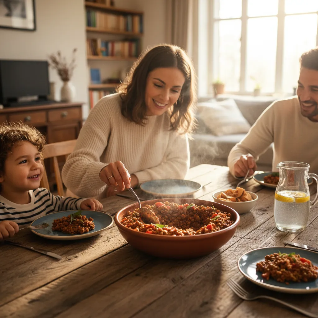 A family enjoying a Daniel Fast compliant meal together at the dinner table.