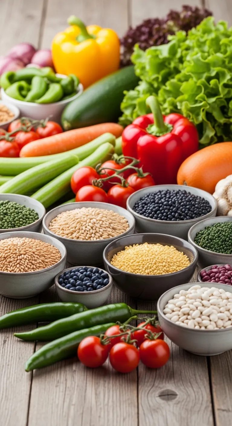 A variety of Daniel Fast approved foods like lentils, quinoa, and colorful vegetables ready for meal prep.