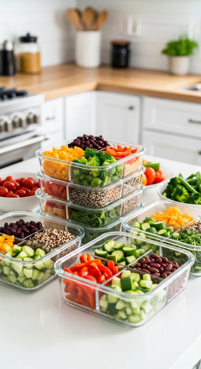Meal prepping for the Daniel Fast with containers of fresh vegetables, grains, and legumes.