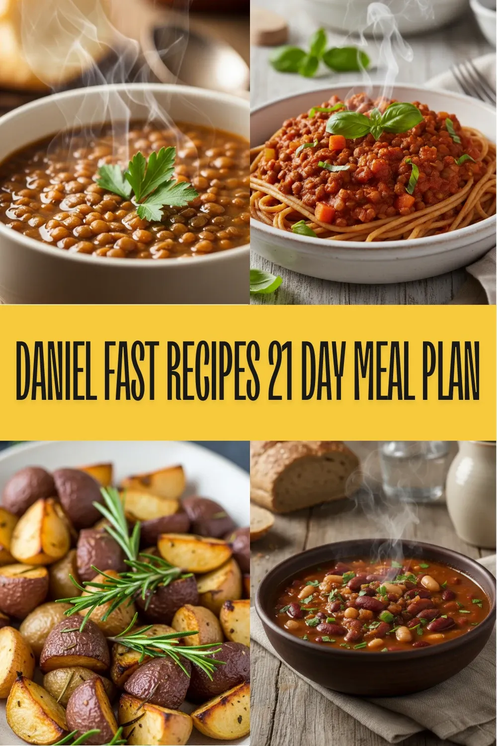 A colorful spread of Daniel Fast-compliant meals, including roasted root vegetables and a quinoa bowl, part of an easy 21-day meal plan.