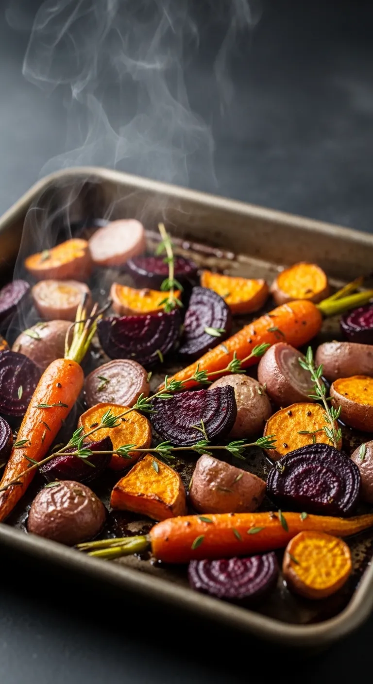 A baking sheet of colorful, perfectly roasted root vegetables for a Daniel Fast meal prep recipe.