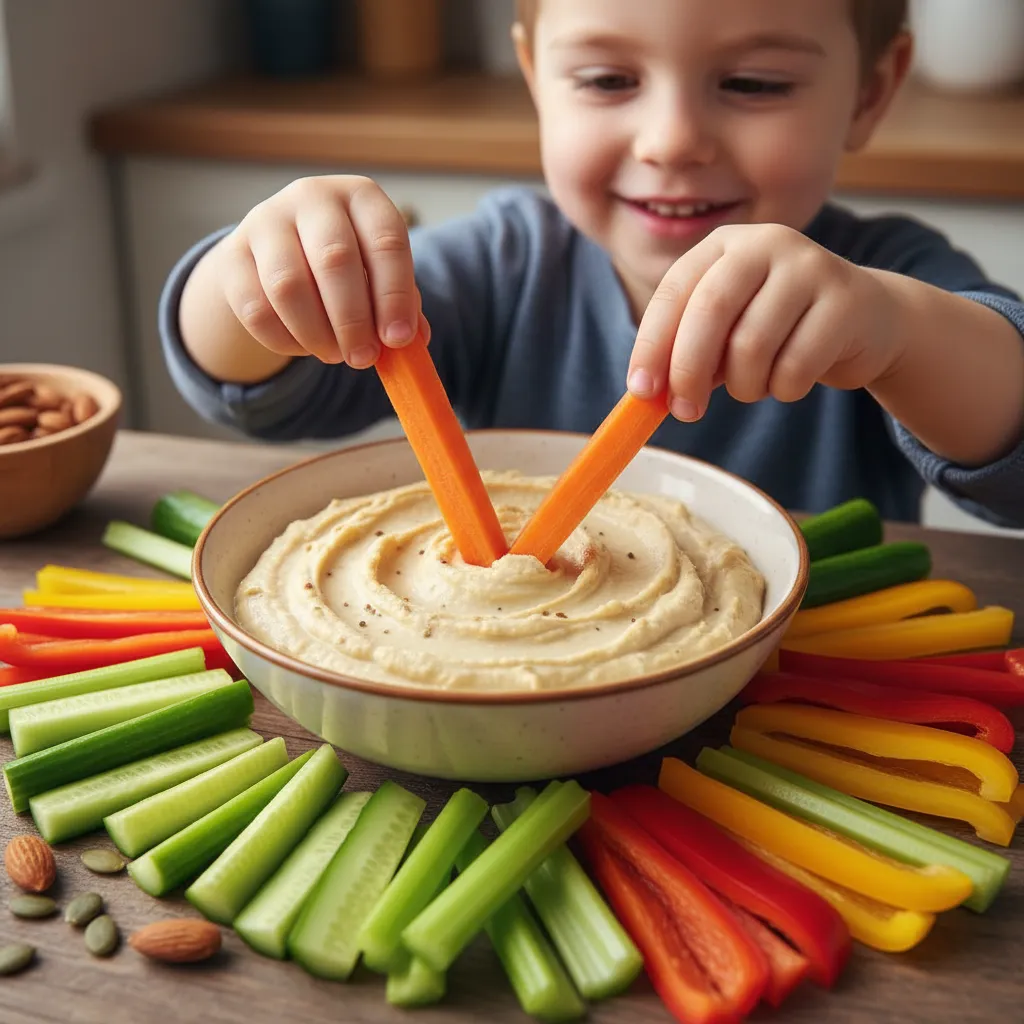 A child enjoying healthy Daniel Fast snacks like carrots and hummus.