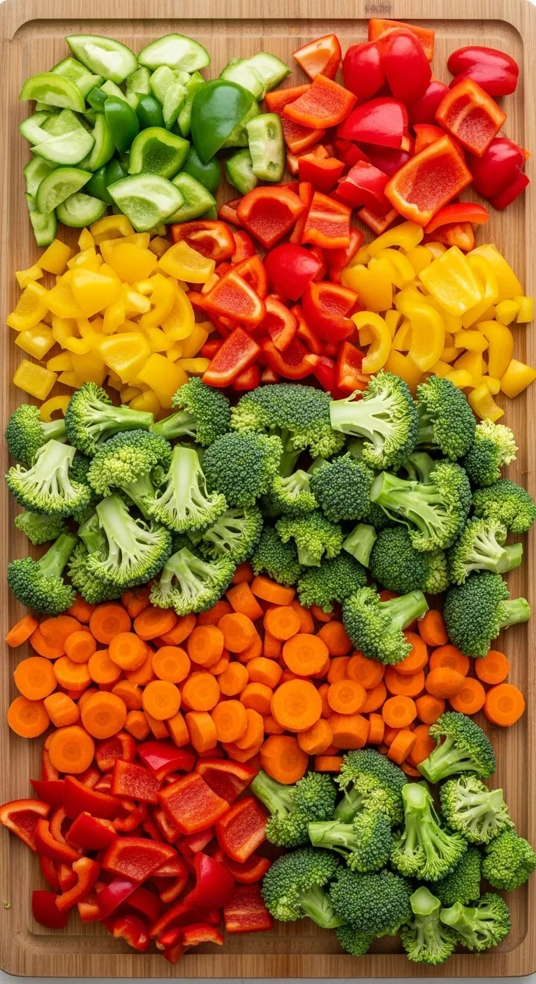 Colorful chopped vegetables on a cutting board, prepped for the Daniel Fast.