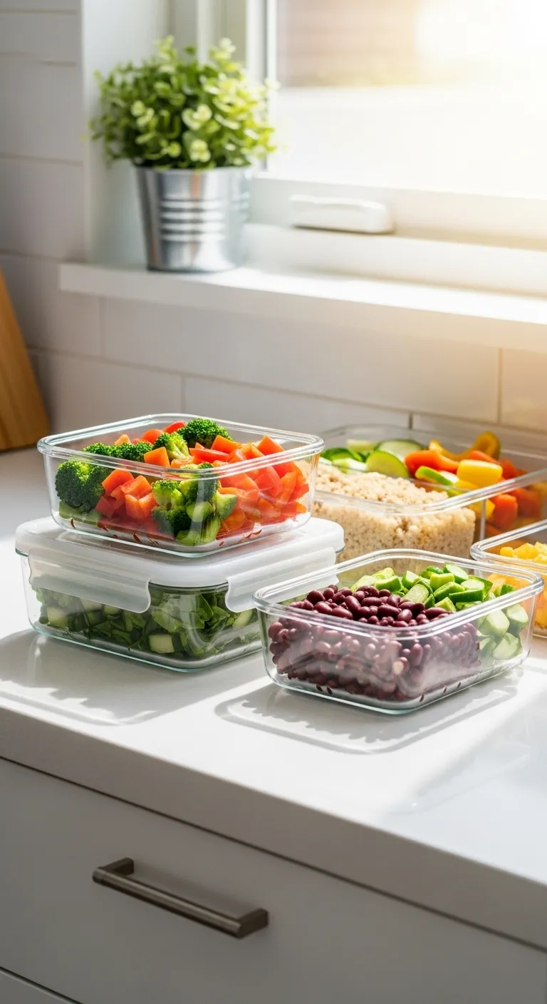 Organized glass containers with prepped vegetables and grains for a Daniel Fast week 1 meal plan.