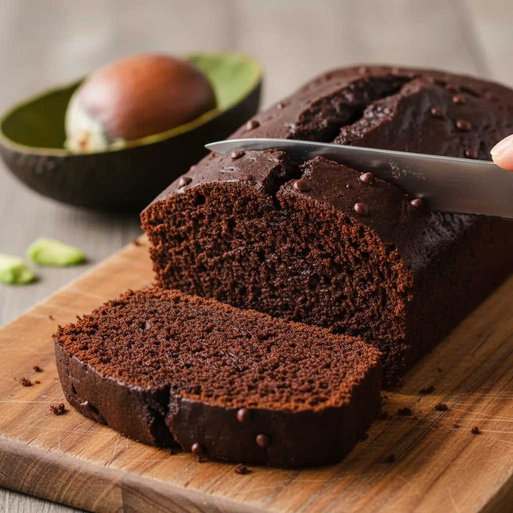 Slice of moist dark chocolate cake made with avocado