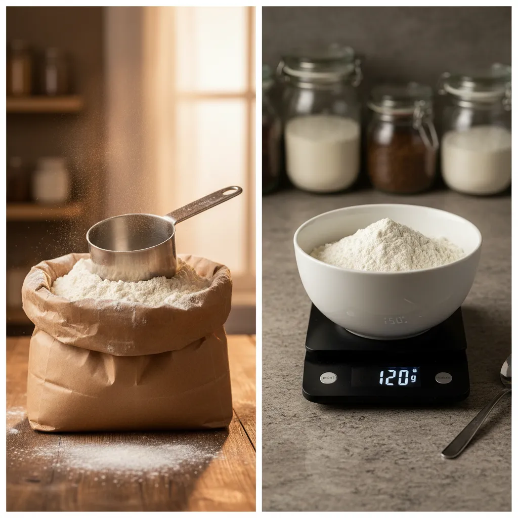 Comparison of scooping flour versus weighing flour on a digital scale for baking accuracy