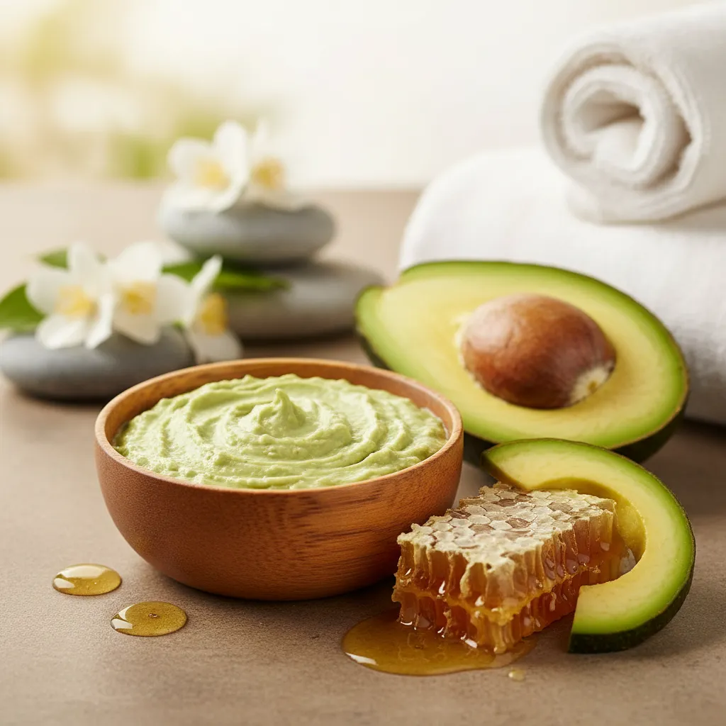 Bowl of mashed avocado and honey for natural skincare
