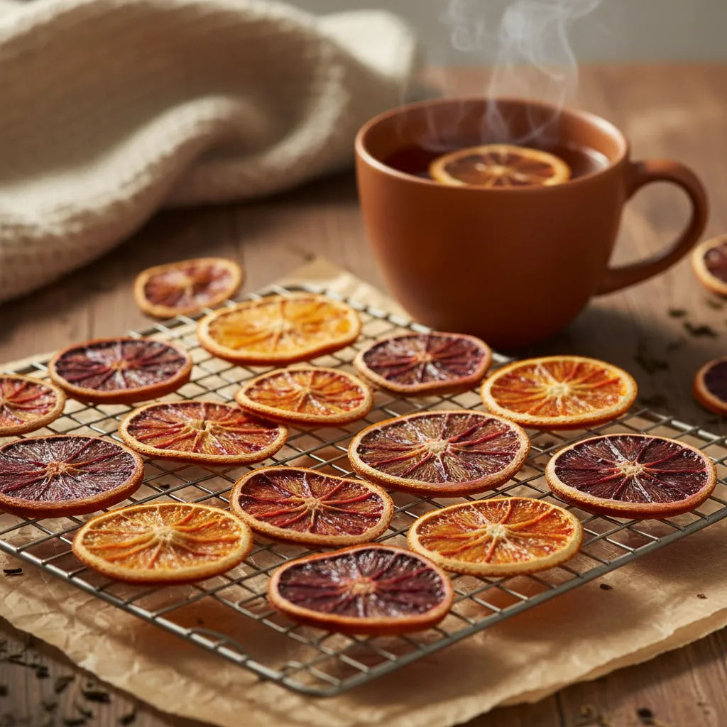 Dehydrated orange slices on a wire rack for cocktail garnishes