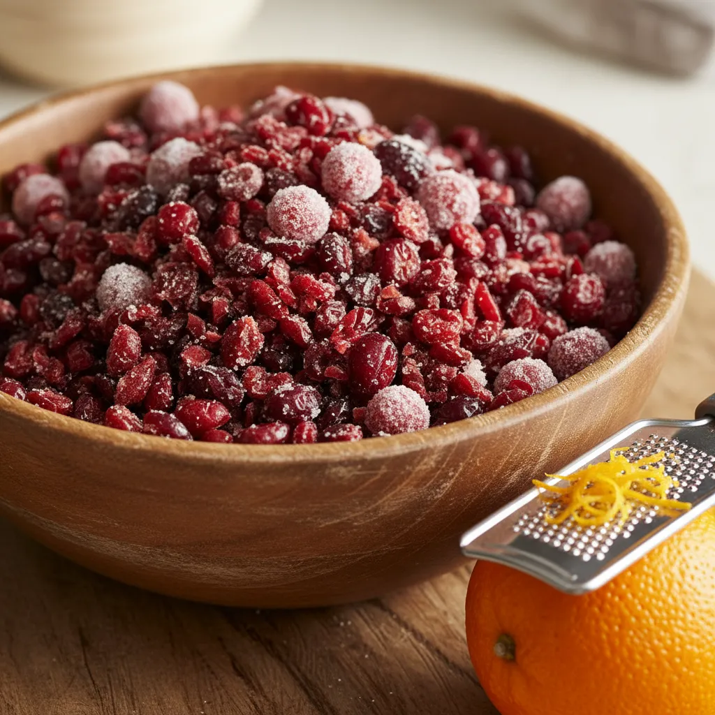 Wooden bowl of dried cranberries and orange zest for baking