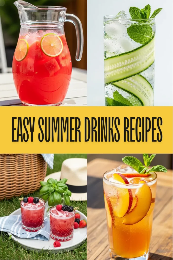 Two refreshing easy mocktails non alcoholic summer drinks featuring cucumber mint and watermelon limeade on a sunny table.