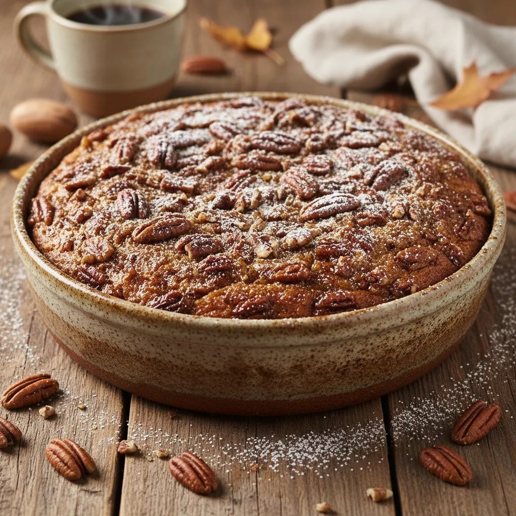 A rustic ceramic pan holding a freshly baked pumpkin coffee cake with pecan topping.