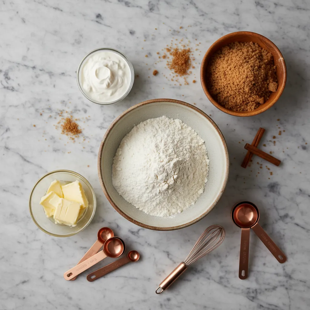 Flat lay of flour butter and sour cream for coffee cake base