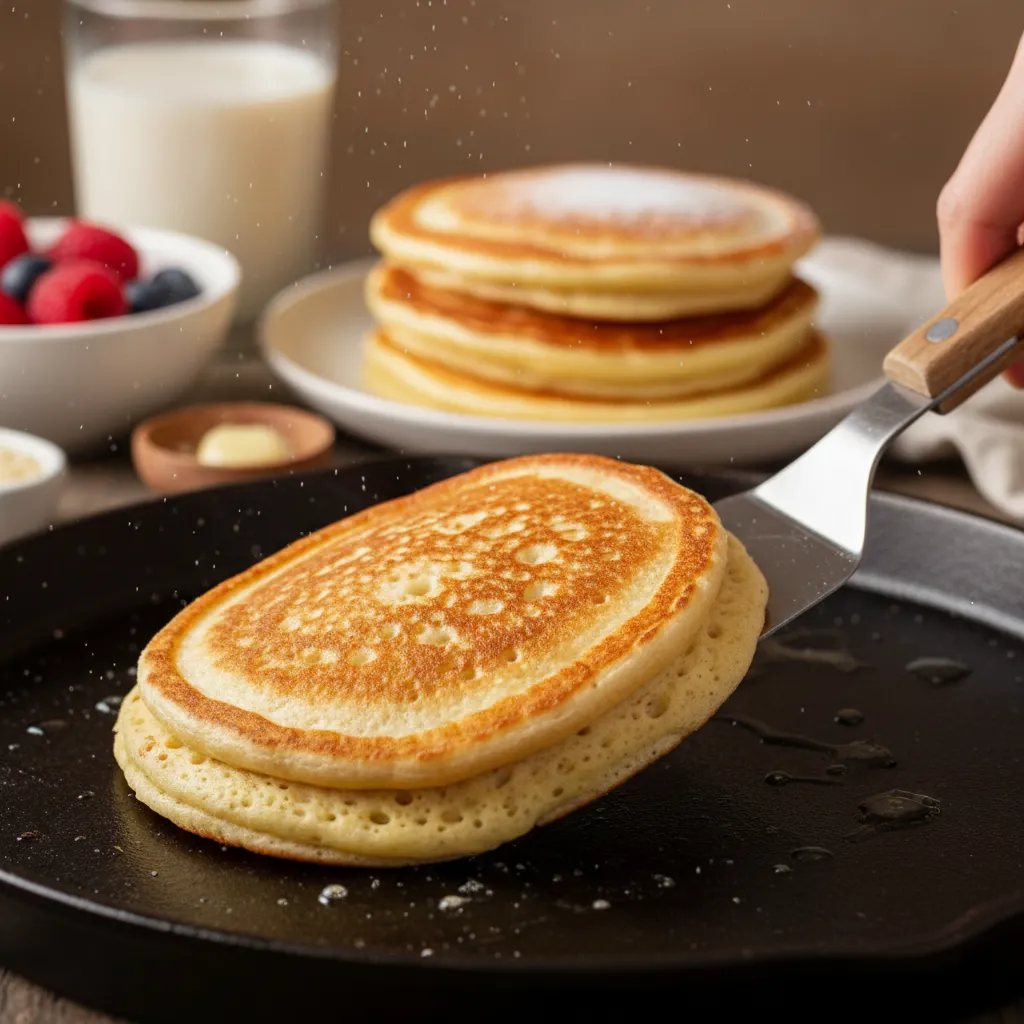 A golden-brown dairy-free pancake being flipped on a non-stick griddle