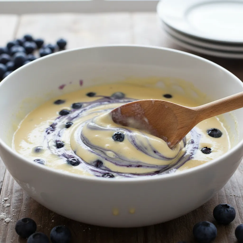 Fresh blueberries being folded into a thick pancake batter.