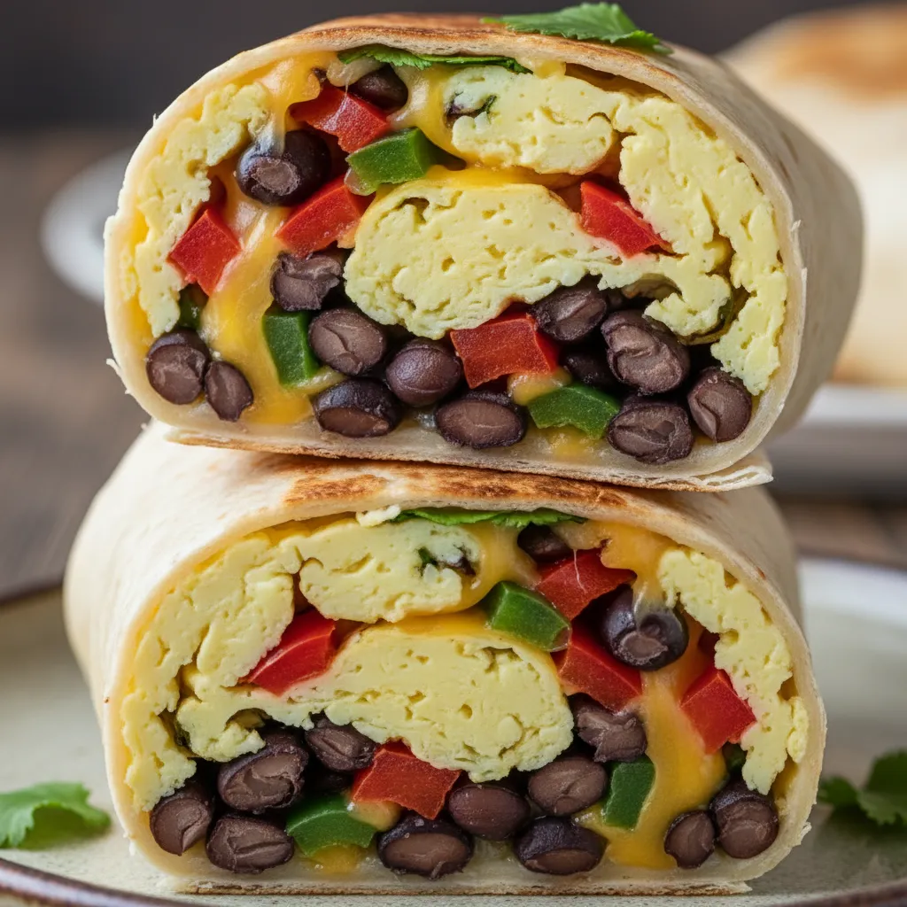 Freezer friendly breakfast burrito cut in half showing fluffy eggs and vegetables