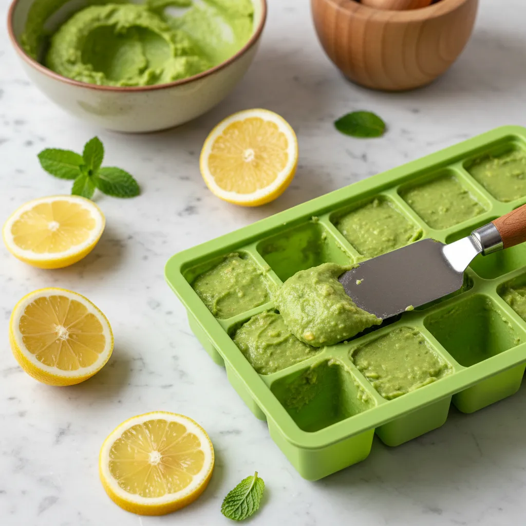 Green avocado puree being spooned into silicone trays for freezing
