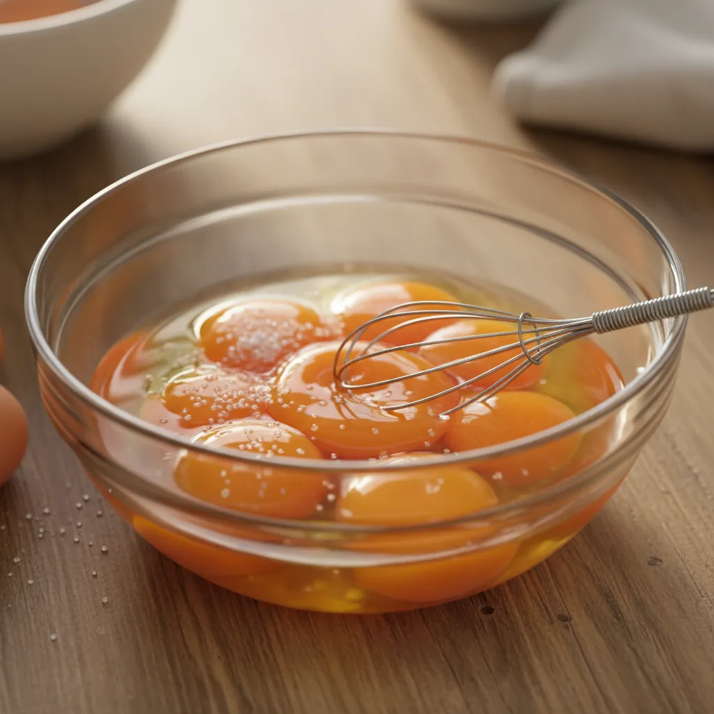 Raw egg yolks in a glass bowl being mixed with sugar to prevent gelatinization