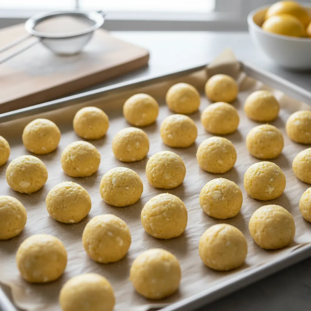 Raw scoops of lemon ricotta cookie dough on a baking sheet ready for freezing