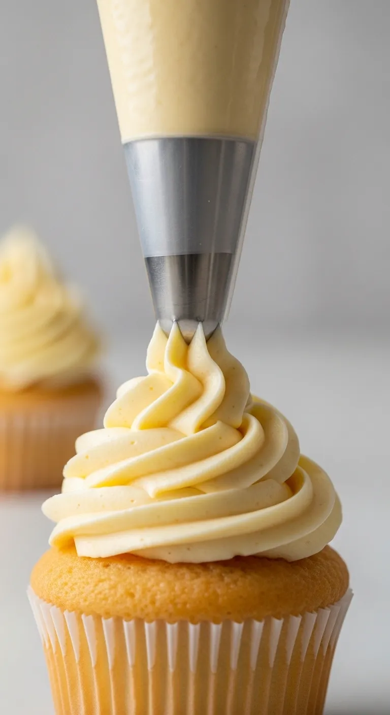 Piping bag swirling smooth french buttercream onto a dessert