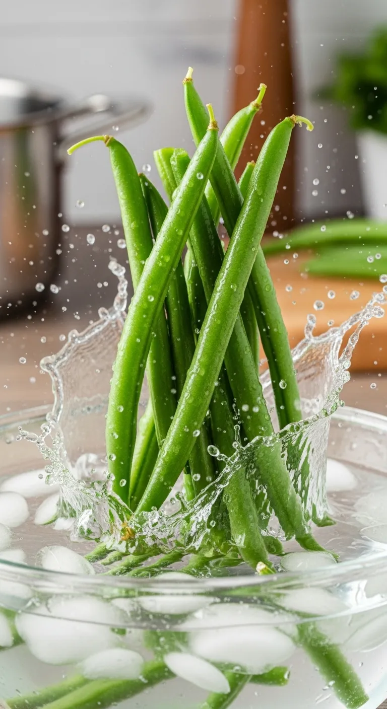 Blanching fresh green beans in ice water for crispy slow cooker casserole