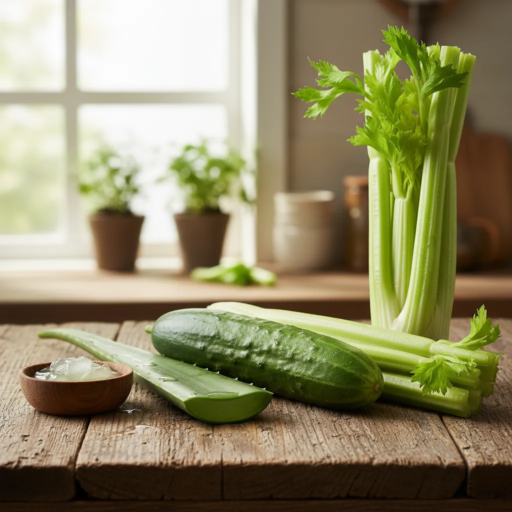 A fresh cucumber, celery stalks, and aloe vera leaf on a wooden table