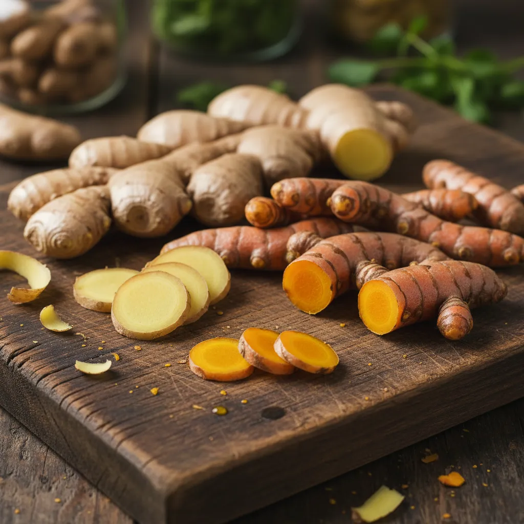 Close up of sliced turmeric and ginger roots for cold pressed juice