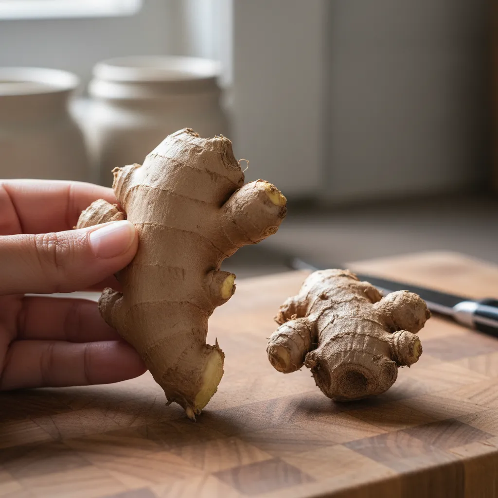 Comparison of smooth fresh ginger root and slightly shriveled dried ginger root on a wooden board