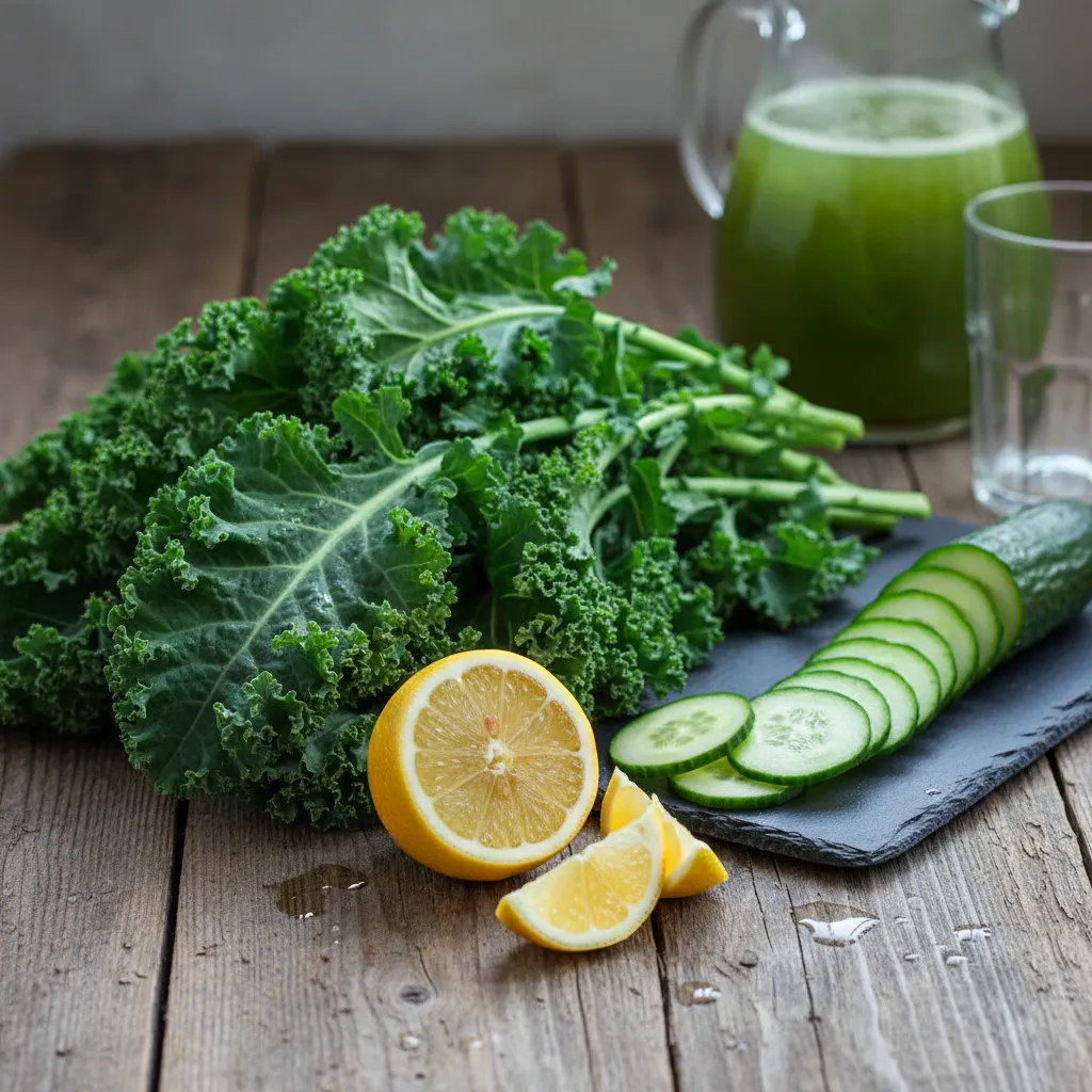 Fresh kale, cucumber, and lemon on a wooden surface