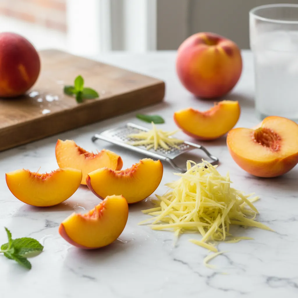 Close up of sliced peaches and ginger root