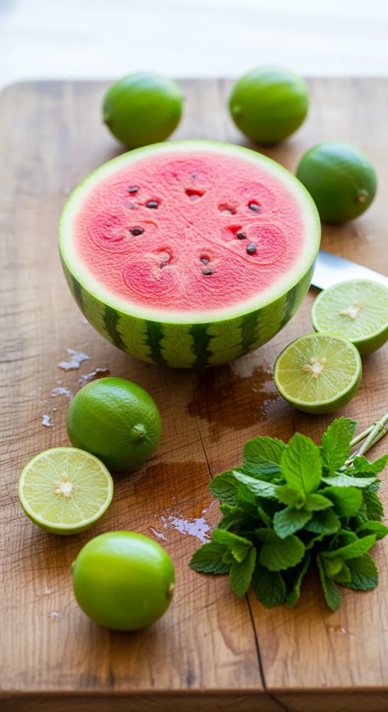 Fresh watermelon cubes and limes on a wooden board