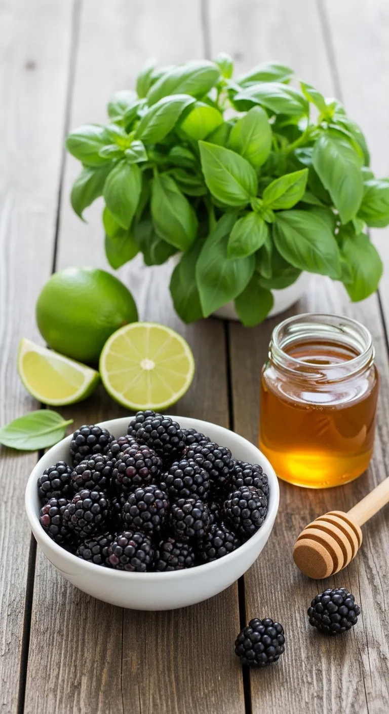 Blackberries, basil leaves, lime slices, and honey on a wooden table for a summer drink.
